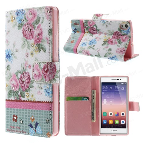Case Huawei P7 / Pre-order * หนัง PU และ TPU วัสดุ ดอกกุหลาบลูกไม้รูปแบบการปักดอกไม้ฝังด้วย rhinestones เงา *
