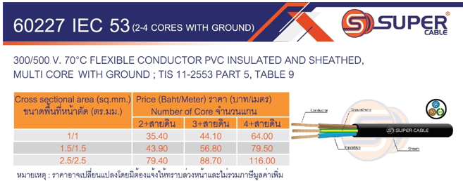 สายไฟ 60227 IEC 53 (2-4 CORES WITH GROUND) ยี่ห้อ SUPER