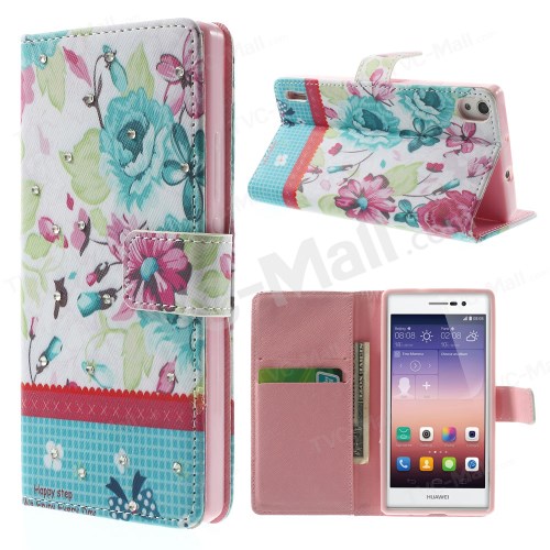 Case Huawei P7 / Pre-order * หนัง PU และ TPU วัสดุ ดอกกุหลาบลูกไม้รูปแบบการปักดอกไม้ฝังด้วย rhinestones เงา *