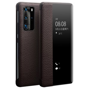 Case Huawei P40 Pro / Pre-order * QIALINO ผิวลิ้นจี่หนังแท้ การปลุกและการนอนหลับอัตโนมัติแตะปุ่มสไลด์ดูหน้าต่าง *