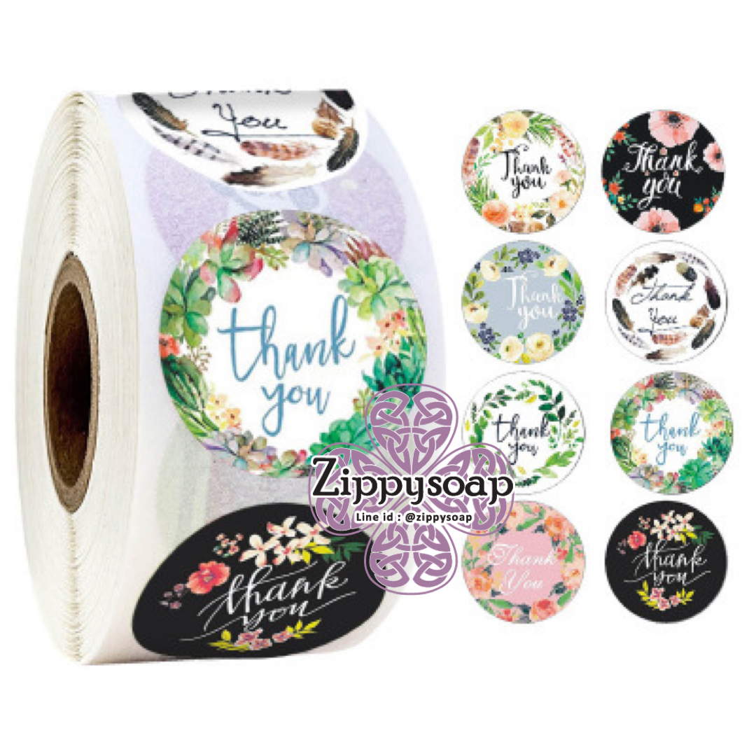 สติ๊กเกอร์วงกลม Thank you คละลายใบไม้ดอกไม้ 1ม้วน 500ดวง 007451