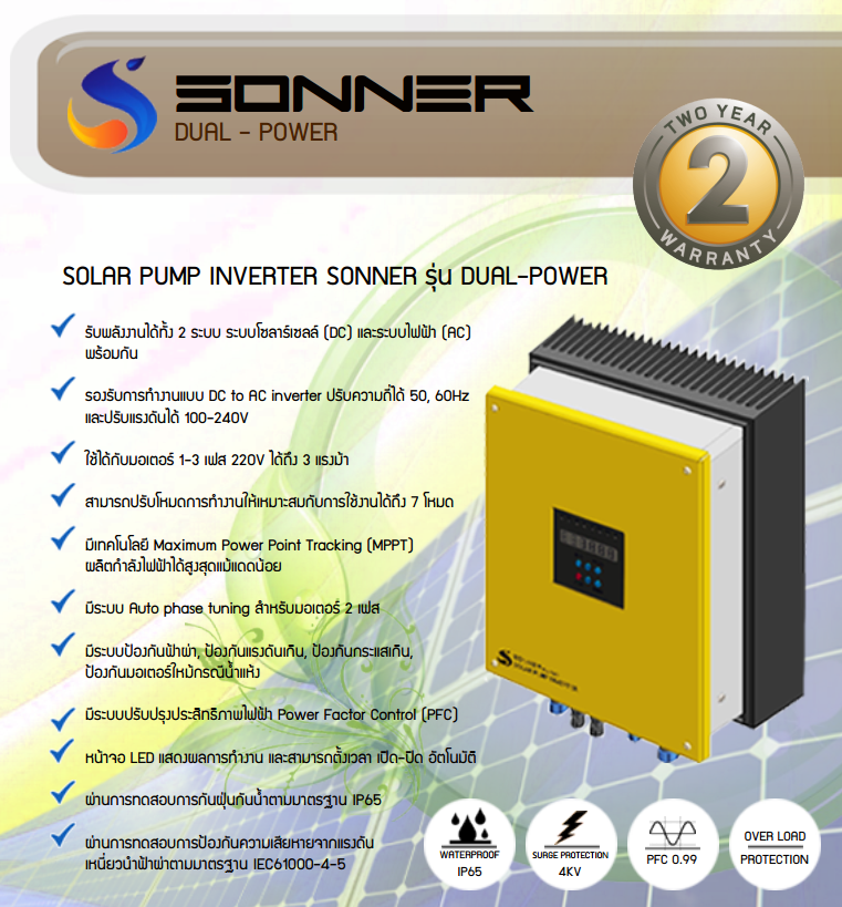SONNER โซล่าปั๊มอินเวอร์เตอร์ซอนเนอร์สำหรับปั๊มน้ำ 1 เฟส และ 3 เฟส 220V (SONNER Solar Pump Inverter for Water Pump)