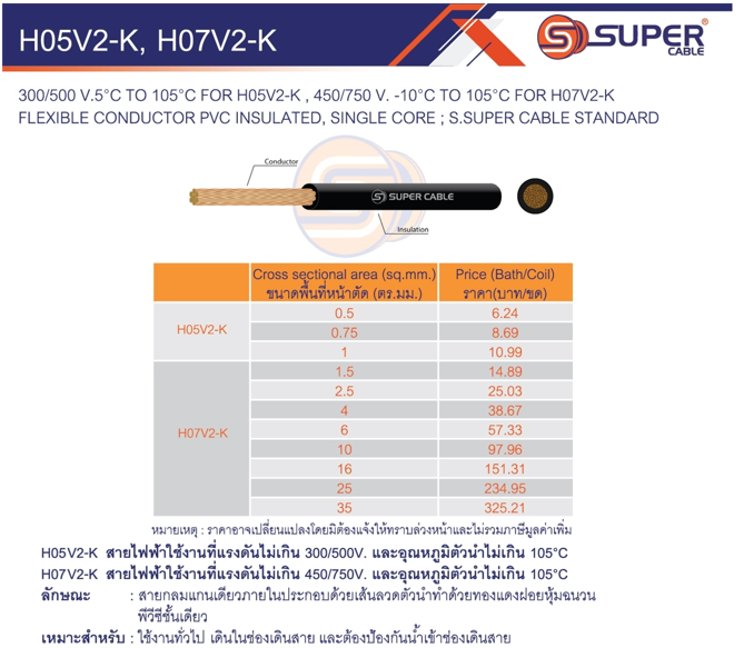 สายไฟ H05V2-K, H07V2-K ยี่ห้อ SUPER