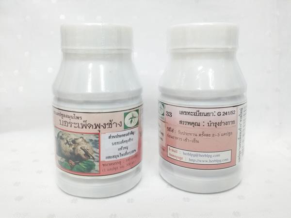 ยาแคปซูลสมุนไพร "บอระเพ็ดพุงช้าง (สบู่เลือด)" บรรจุขวดๆ ละ 100 แคปซูล