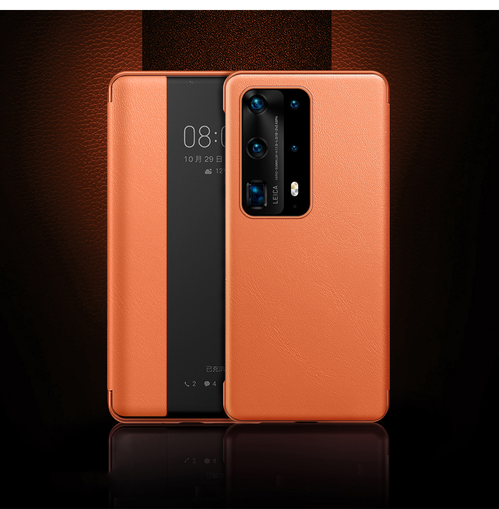 Case Huawei P40 Pro / Pre-order * หนังวัวแท้ + Phone พลาสติกปลอกคลุมด้วยดูหน้าต่าง ฟังก์ชั่นปลุกและนอนหลับอย่างชาญฉลาดประหยัดพลังงาน *