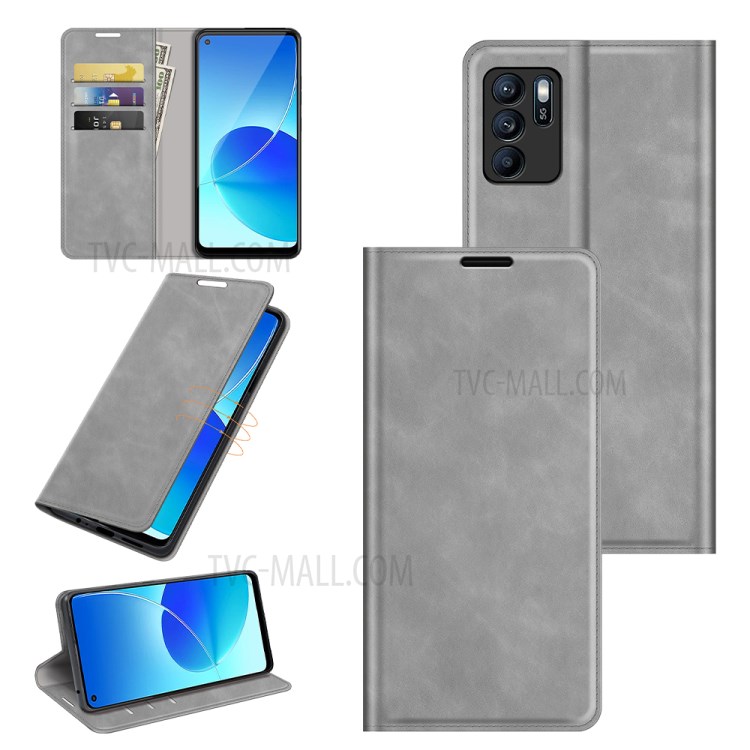 Case OPPO Reno6 Z 5G # Pre-Order * เคสการออกแบบกระเป๋าสตางค์หนังสัมผัสผิวสัมผัสเคสดูดซับอัตโนมัติพร้อมขาตั้ง *