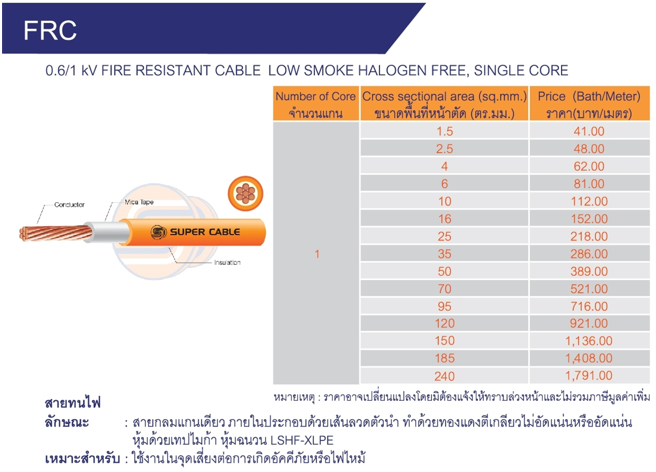 สายไฟชนิดทนไฟ (Fire Resistant Cable) ยี่ห้อ SUPER