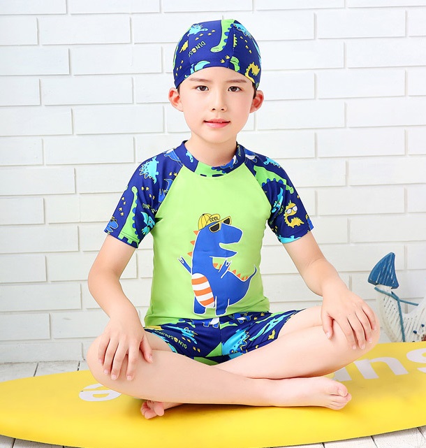 ชุดว่ายน้ำ ลายไดโนเสาร์ สีเขียวกรม ไซส์ L