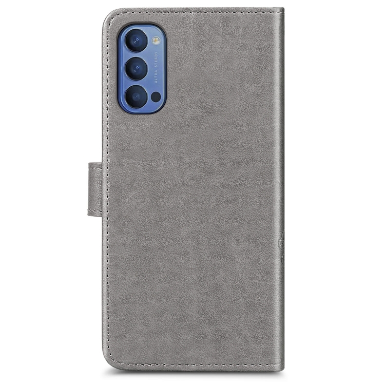 Case OPPO Reno4 5G / Pre-Order * เคสเข็มกลัดสี่ใบนูนซองหนัง พร้อมสายคล้อง & ช่องเสียบการ์ด & ฟังก์ชันกระเป๋าสตางค์ *