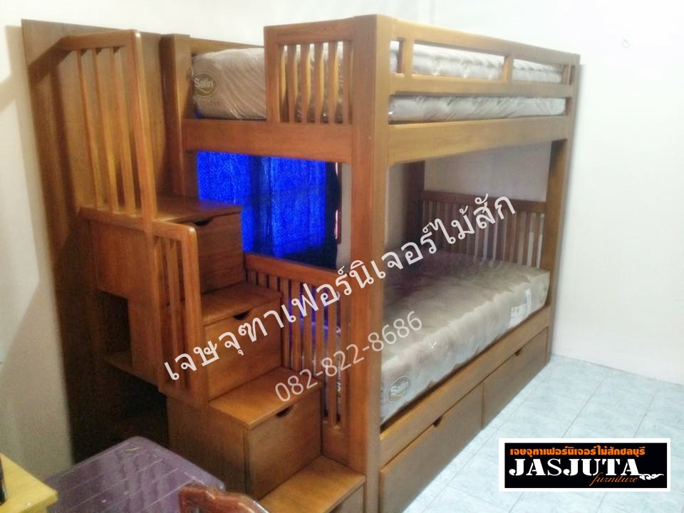 เตียงไม้สัก3ฟุตครึ่ง 2ชั้นบันไดลิ้นชัก