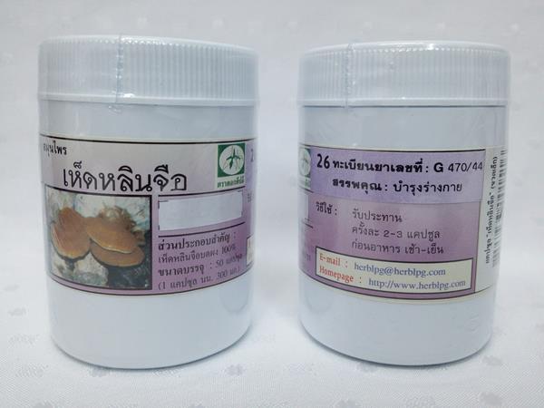 ยาแคปซูลสมุนไพร "เห็ดหลินจือ" บรรจุขวดๆ ละ 50 แคปซูล
