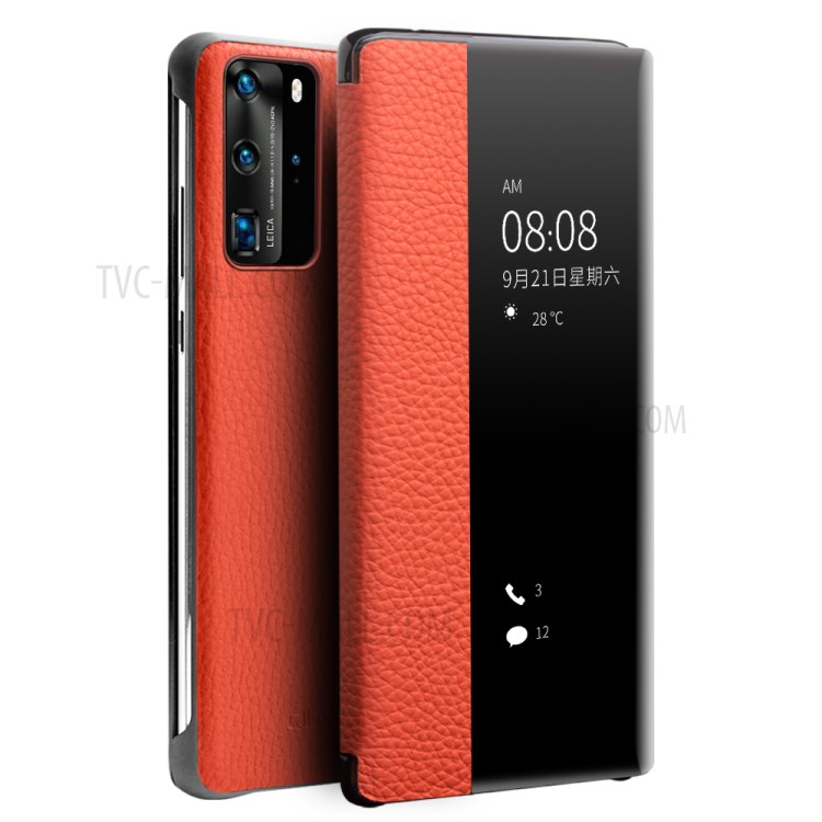 Case Huawei P40 Pro / Pre-order * QIALINO ผิวลิ้นจี่หนังแท้ การปลุกและการนอนหลับอัตโนมัติแตะปุ่มสไลด์ดูหน้าต่าง *