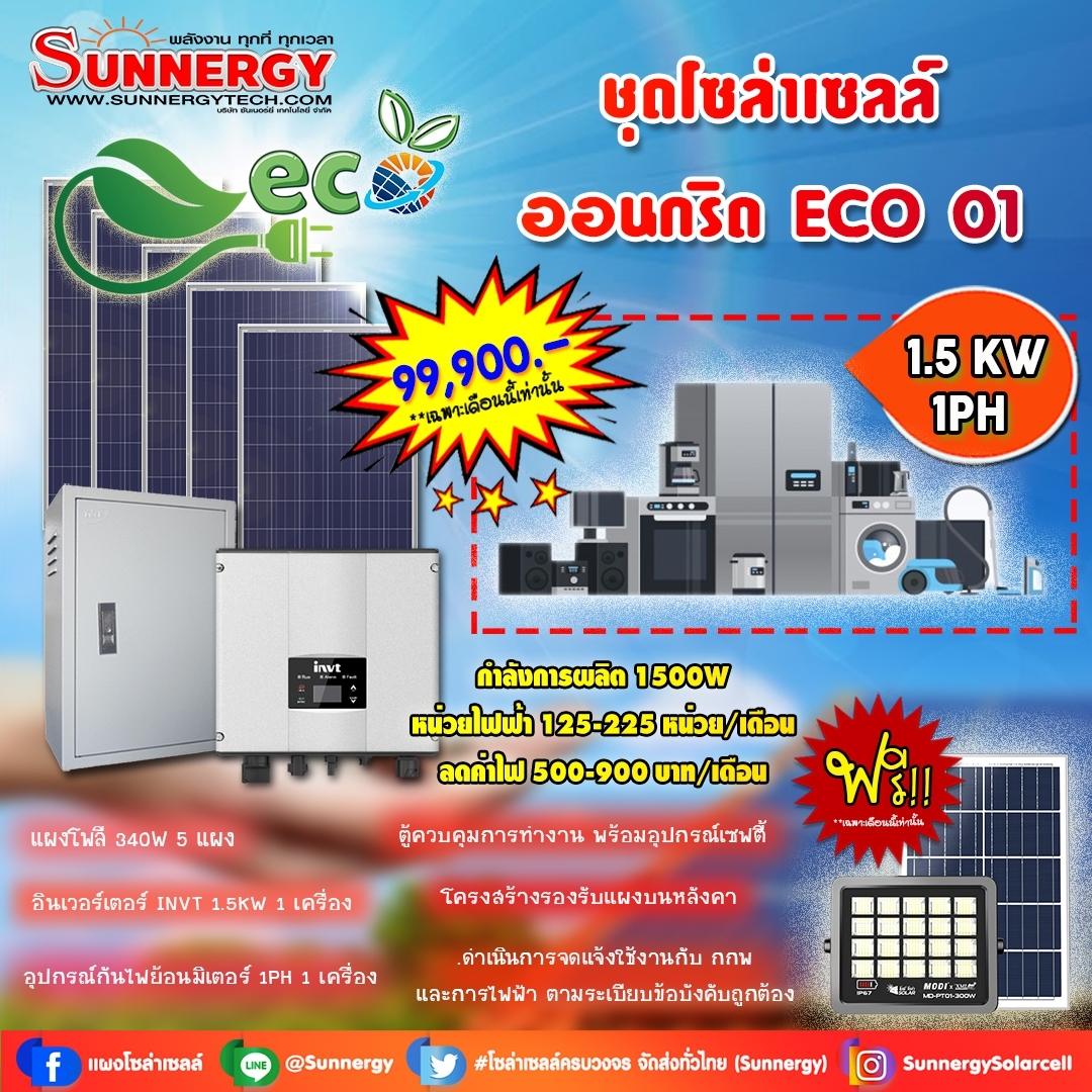 ชุดโซล่าเซลล์ ออนกริด ECO 01 ชุดสุดคุ้มต้อนรับปีใหม่ ลดค่าไฟ-ขายไฟ