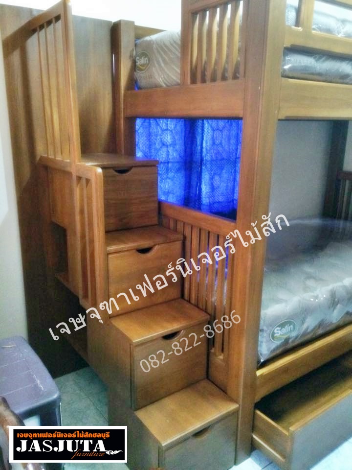 เตียงไม้สัก3ฟุตครึ่ง 2ชั้นบันไดลิ้นชัก