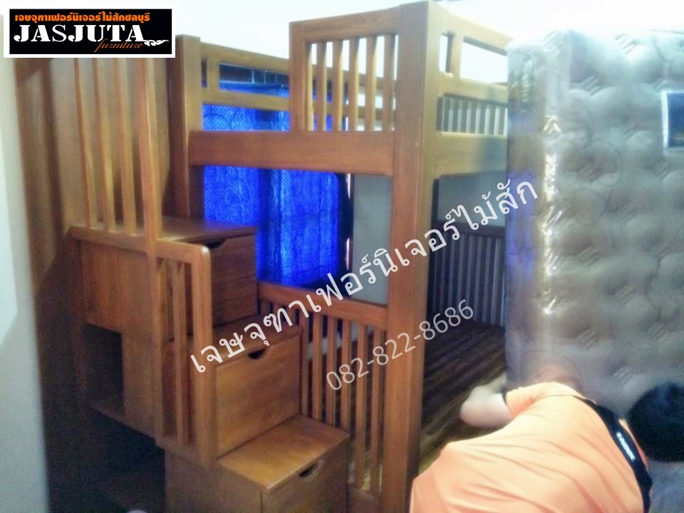 เตียงไม้สัก3ฟุตครึ่ง 2ชั้นบันไดลิ้นชัก