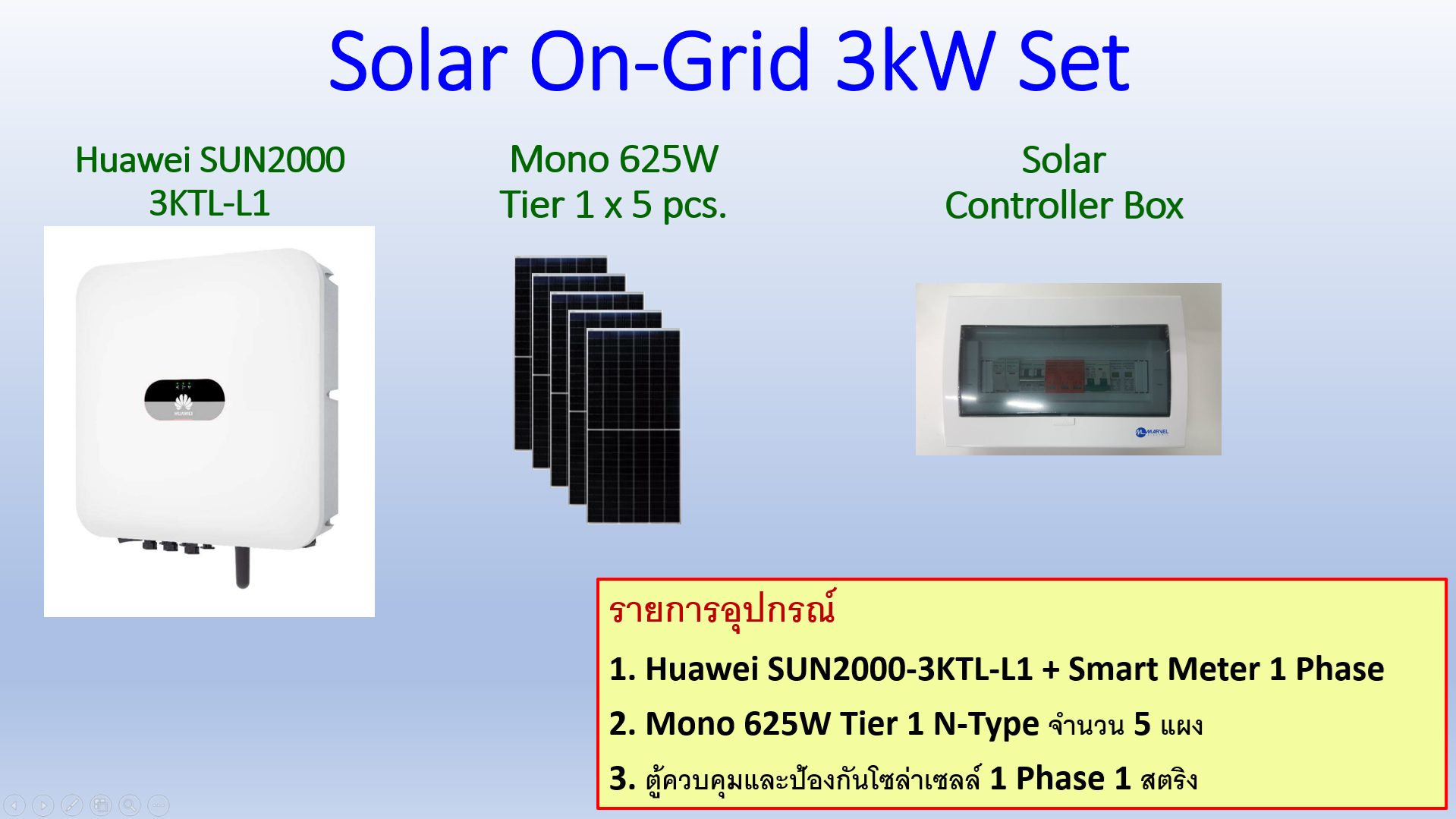 ชุดโซล่าเซลล์ออนกริดพร้อมติดตั้งขนาด 3.125kW (รวมค่าติดตั้ง)