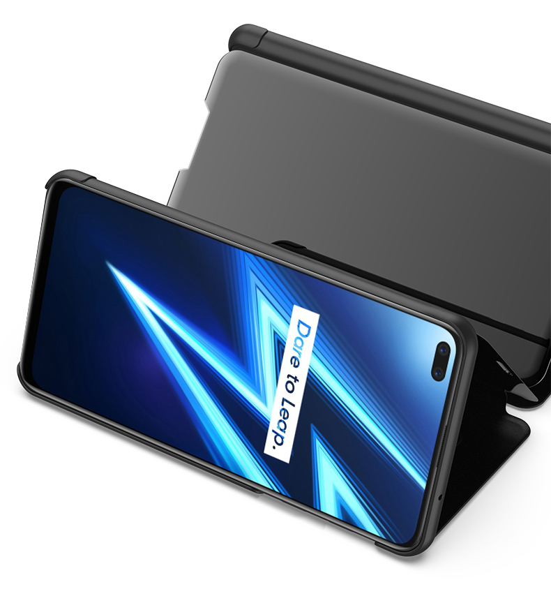 Case Realme 6 Pro / Pre-Order * เคสดูหน้าต่างกระจกชุบหนังพื้นผิว ทำจากวัสดุหนัง PC + PU หน้าต่างโปร่งแสงเพื่อการดูข้อมูลที่ง่าย *