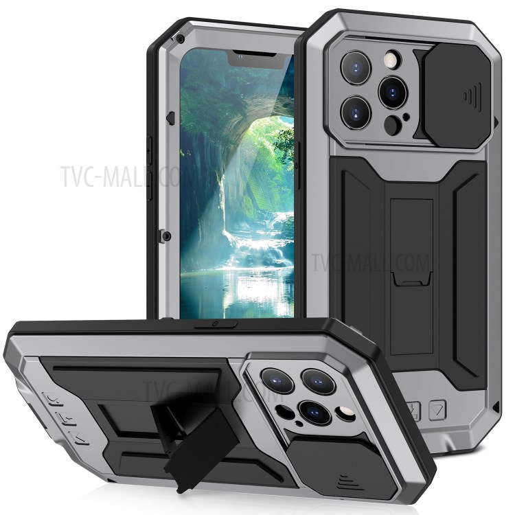 Case iPhone 13 Pro Max # Pre-Order * R-JUST กันฝุ่น Dropproof กันน้ำกรอบโลหะโทรศัพท์ Protector ฝาครอบ Kickstand พร้อมกระจกกันรอยหน้าจอ *