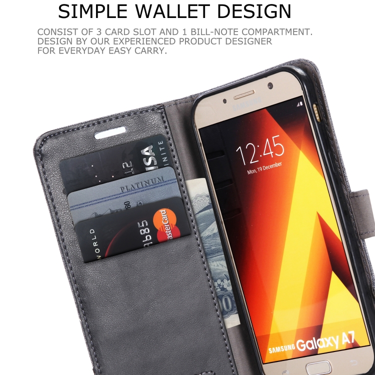 Case Samsung Galaxy A7 2017 / Pre-order * MUXMA MX102 ซองหนังผ้าใบพลิกแนวนอนพร้อมขาตั้งและช่องเสียบการ์ดและกระเป๋าสตางค์ *