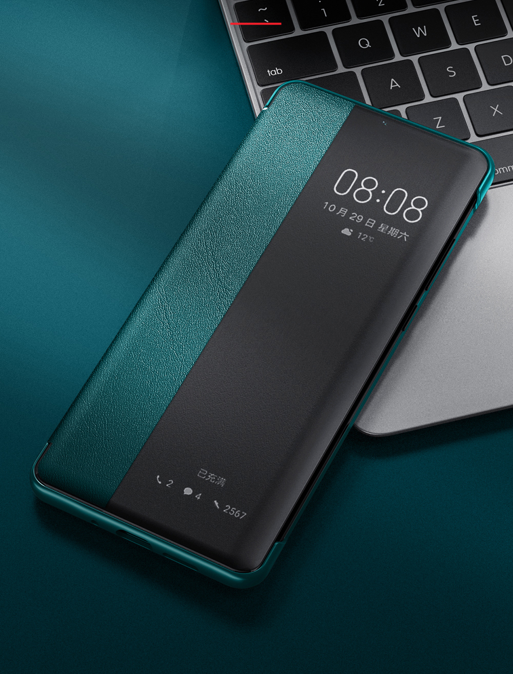 Case Huawei P40 Pro / Pre-order * หนังวัวแท้ + Phone พลาสติกปลอกคลุมด้วยดูหน้าต่าง ฟังก์ชั่นปลุกและนอนหลับอย่างชาญฉลาดประหยัดพลังงาน *