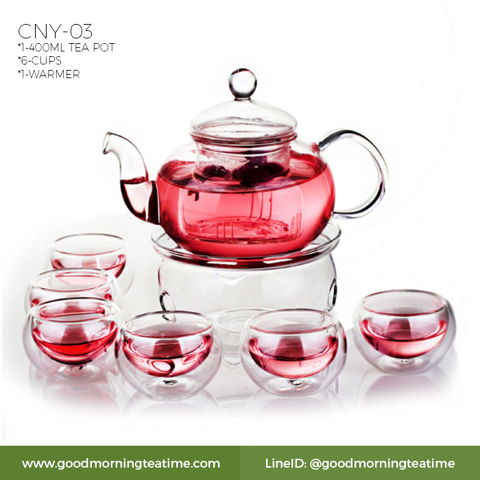 ชุดกาน้ำชาแก้วใส 400 ml. รหัส CNY 03 | กาแก้ว 400ml 1 ใบ, แก้วชาสองชั้น 6 ใบ, เตาอุ่นแบบกลม 1 ใบ