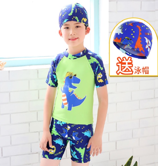 ชุดว่ายน้ำ ลายไดโนเสาร์ สีเขียวกรม ไซส์ L