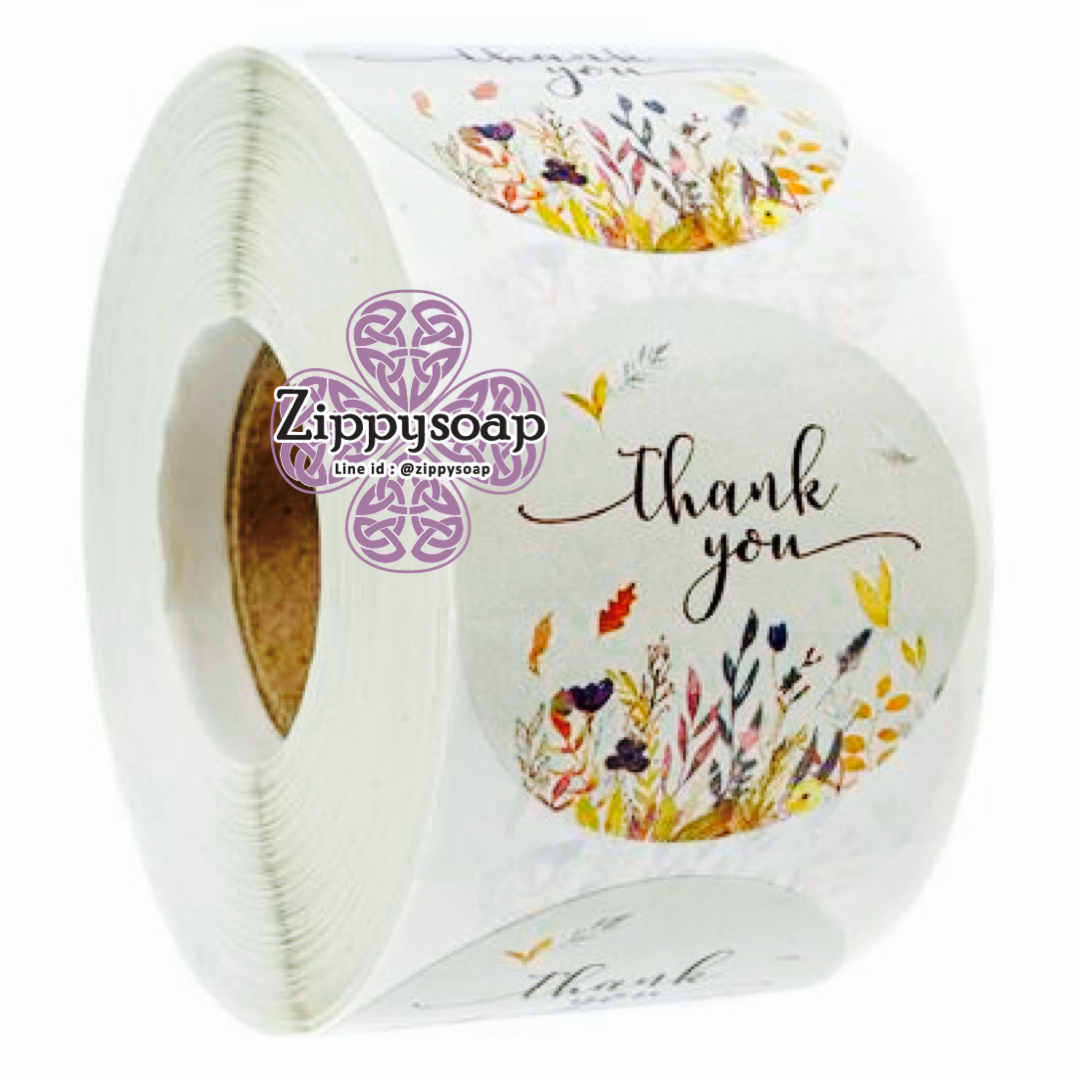 สติ๊กเกอร์วงกลม Thank you ลายดอกไม้แห้ง 1ม้วน 500แผ่น 007452