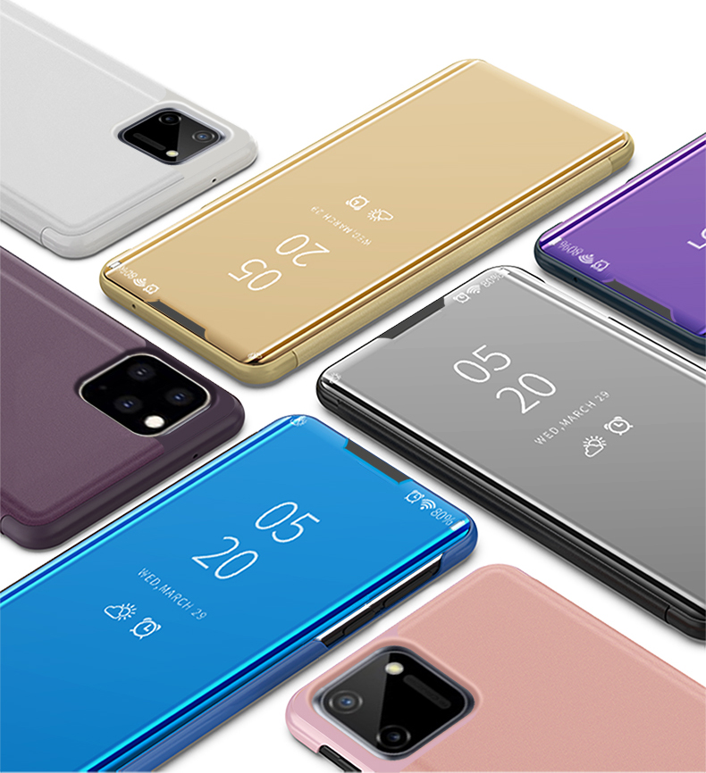 Case Realme C11 / Pre-order * เคสดูหน้าต่างกระจกชุบหนังพื้นผิวยืน ทำจากวัสดุหนัง PC + PU *