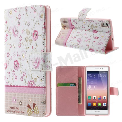 Case Huawei P7 / Pre-order * หนัง PU และ TPU วัสดุ ดอกกุหลาบลูกไม้รูปแบบการปักดอกไม้ฝังด้วย rhinestones เงา *