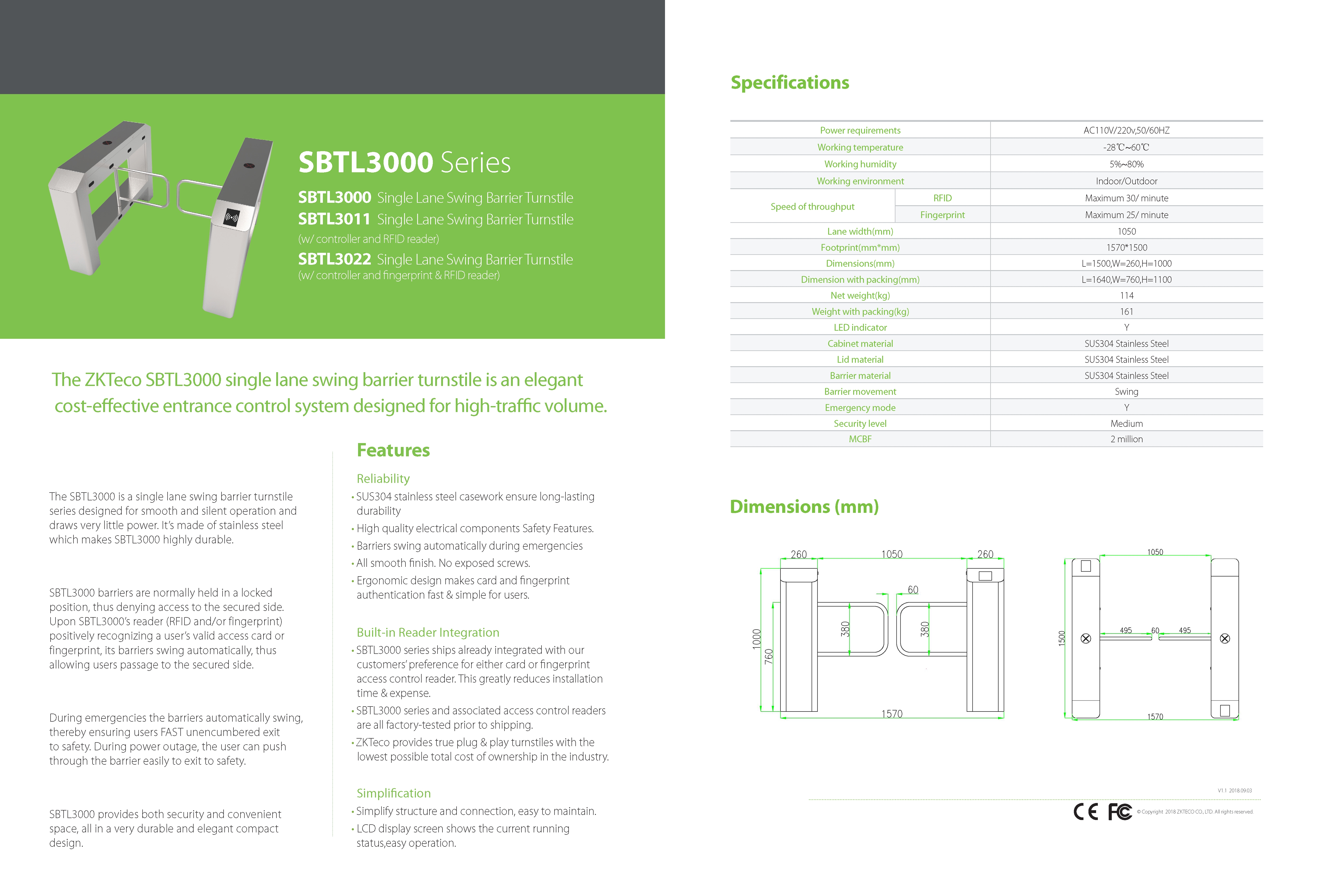 ZKTEco ระบบประตูโรงงาน Turnstile and Swing Gate รุ่น SBTL3000