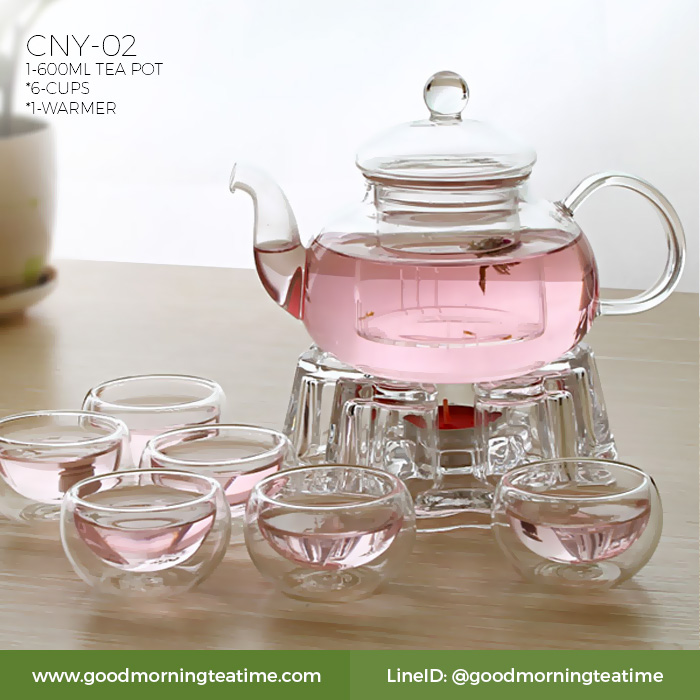 ชุดกาน้ำชาแก้วใส 600 ml. รหัส CNY 02 | กาแก้ว 600 ml 1 ใบ, แก้วชาสองชั้น 6 ใบ, เตาอุ่นแบบหัวใจ 1 ใบ