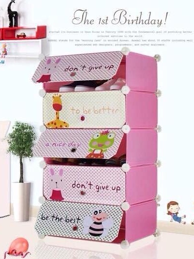 ตู้รองเท้า DIY 5 ช่อง ลายสัตว์น้อย สีชมพู