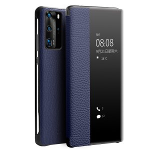Case Huawei P40 Pro / Pre-order * QIALINO ผิวลิ้นจี่หนังแท้ การปลุกและการนอนหลับอัตโนมัติแตะปุ่มสไลด์ดูหน้าต่าง *