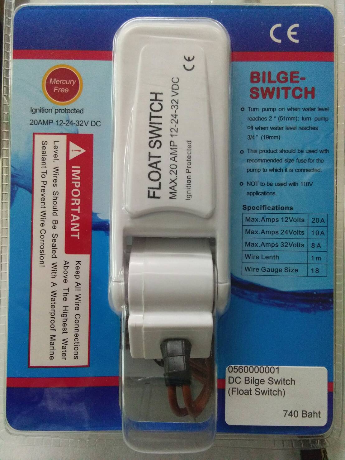 DC Bilge Switch/Float Switch 12-24-36V Max 20A (Seaflo)