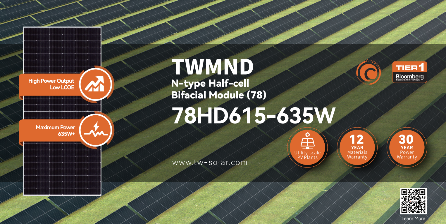 แผงโซล่าเซลล์ (Solar Panel) โมโน Half Cell ยี่ห้อ TW Solar 625W ชนิด N-Type (TWMND78HD625W)