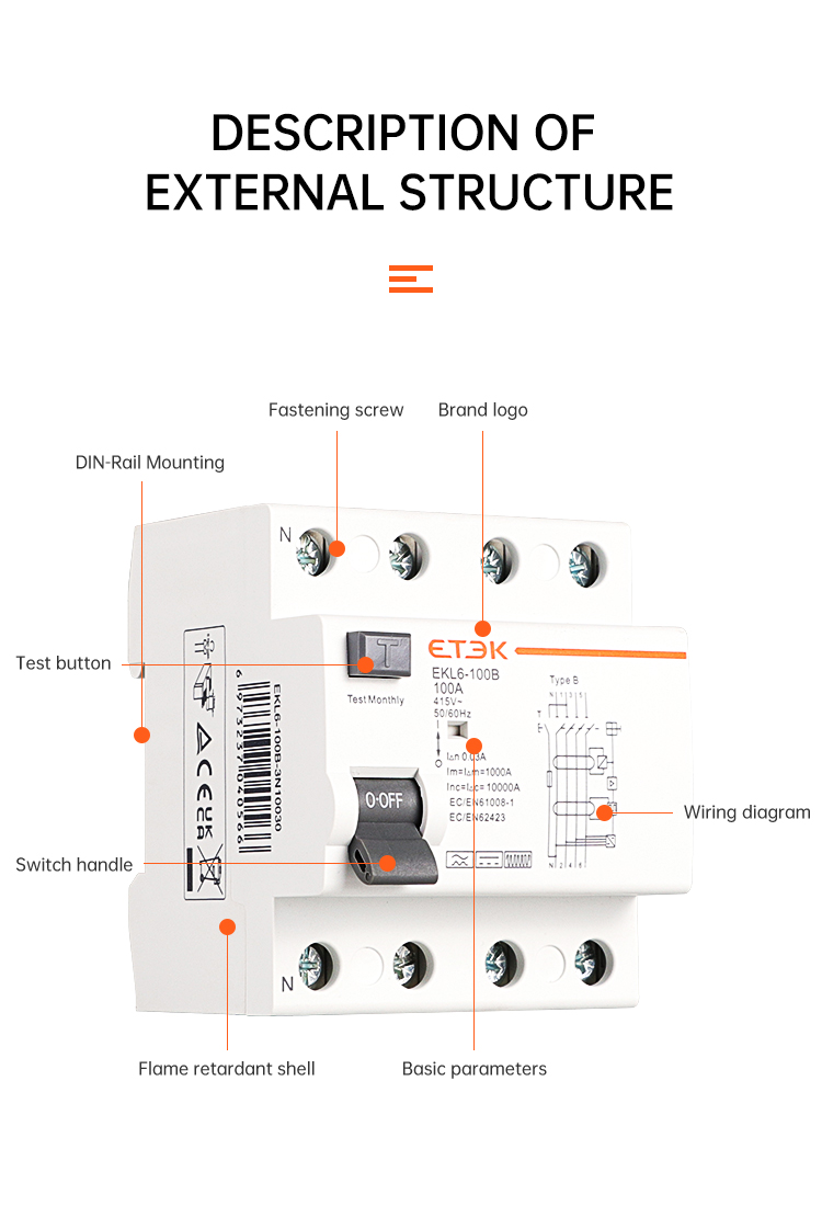 อุปกรณ์ป้องกันไฟดูด ไฟรั่ว RCCB Type B 30mA ยี่ห้อ ETEK รุ่น 4P 40A สำหรับเครื่องชาร์จ EV และระบบโซล่าเซลล์