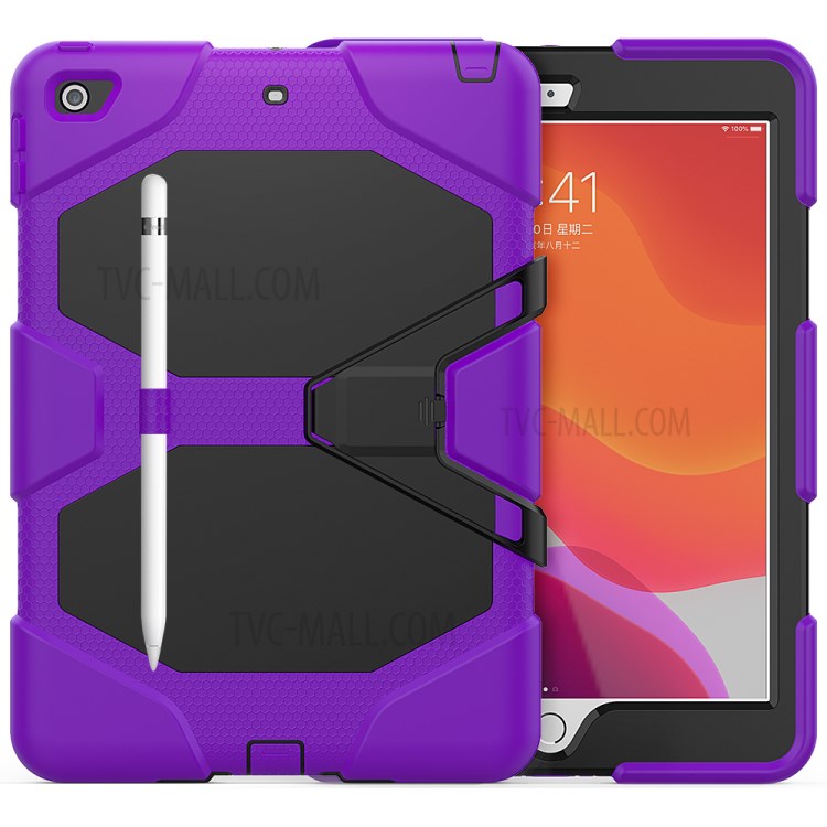 Case Apple iPad 10.2 (2019) / Pre-Order * เคสกันกระแทกขาตั้งเคส PC + TPU พร้อมที่วางปากการูปแบบชุดเกราะสุดเท่พร้อมการออกแบบเว้า * - นูน