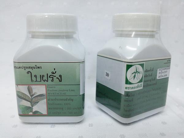 ยาแคปซูลสมุนไพร "ใบฝรั่ง" บรรจุขวดๆ ละ 100 แคปซูล