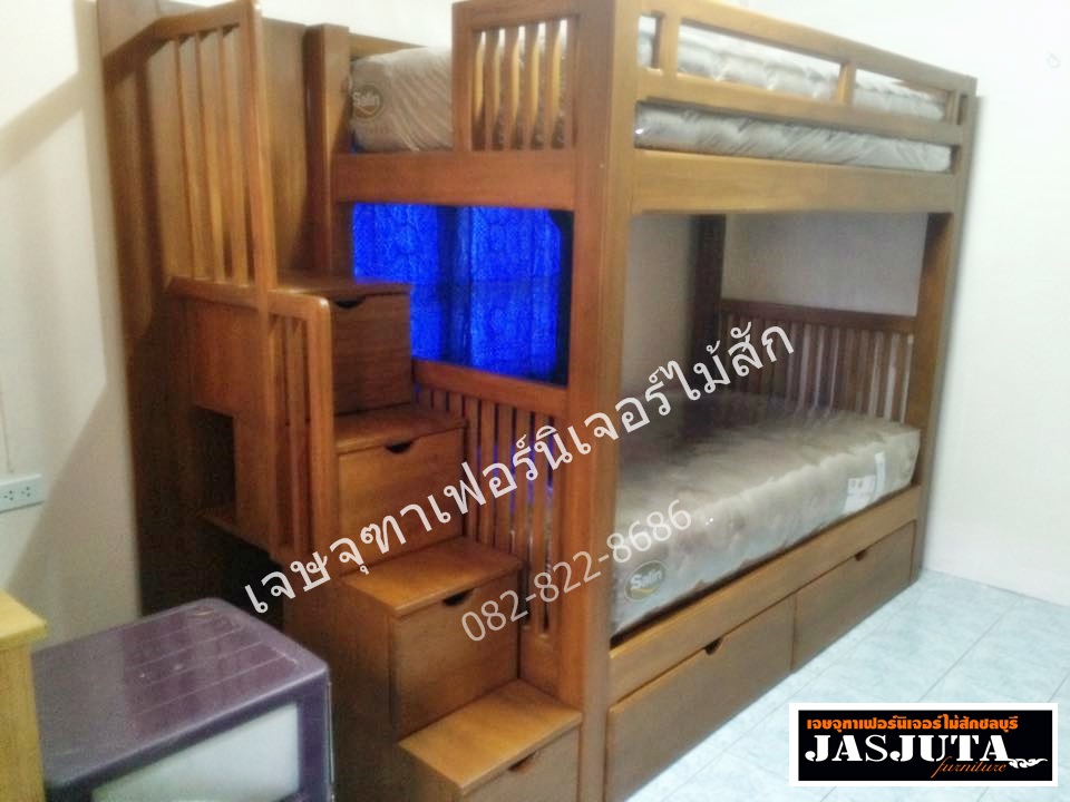 เตียงไม้สัก3ฟุตครึ่ง 2ชั้นบันไดลิ้นชัก