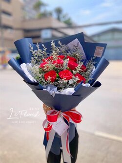 10 Import Red Roses Bouquet with Navy Blue Wrapping
