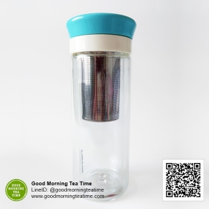 ขวดชงชา ตัวขวดเป็นแก้วสองชั้น พร้อมตัวกรองใบชาแสตเลส ขนาด 320ml. สีฟ้า