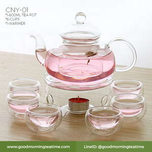 ชุดกาน้ำชาแก้วใส 600 ml. รหัส CNY 01 | กาแก้ว600ml 1 ใบ,แก้วชาสองชั้น 6 ใบ,เตาอุ่นแบบกลม 1 ใบ
