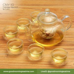 ชุดกาน้ำชาแก้วใส 800 ml. รหัส CNY 10 | กาแก้วใส 800ml 1 ใบ, แก้วชาสองชั้น 6 ใบ