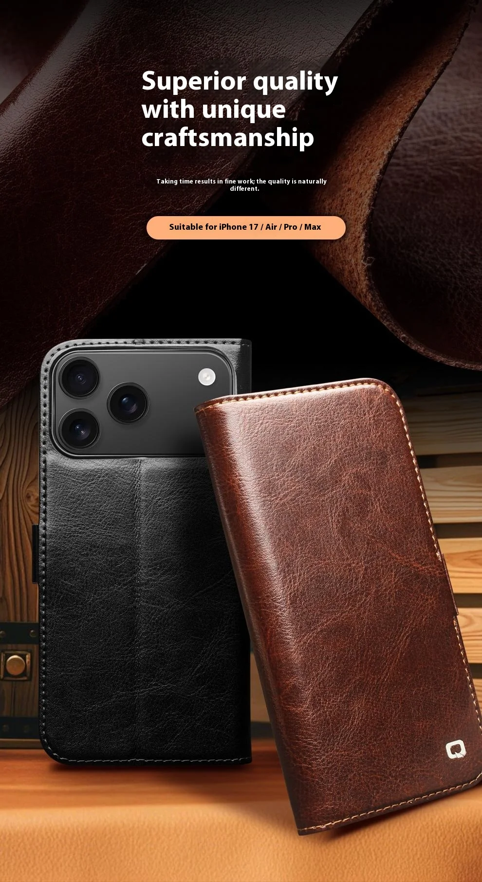 Case iPhone 17 Pro Max # Pre-order * เคส QIALINO พร้อมช่องใส่บัตร ซองหนังวัวแท้ตั้งได้ *