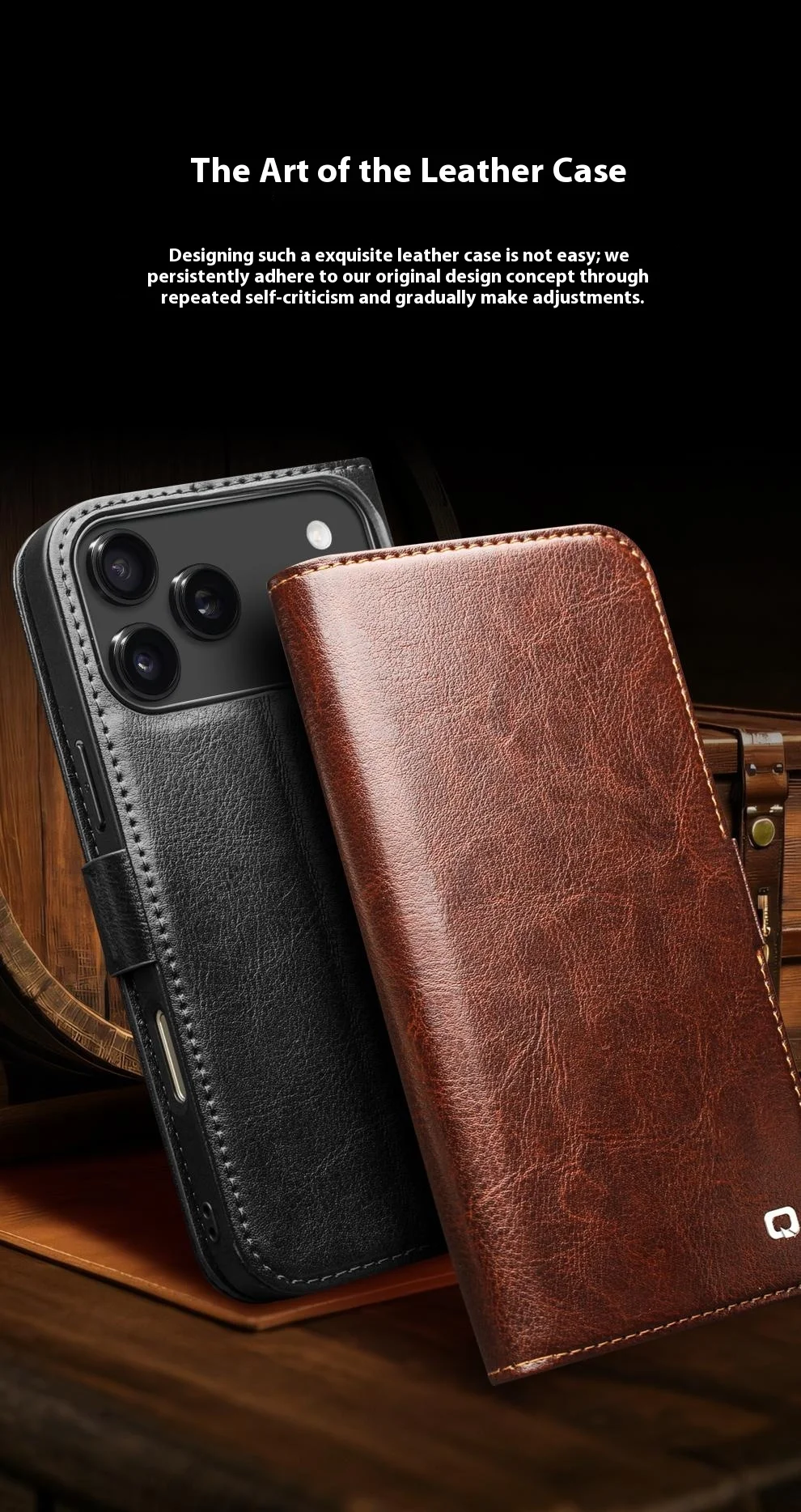 Case iPhone 17 Pro Max # Pre-order * เคส QIALINO พร้อมช่องใส่บัตร ซองหนังวัวแท้ตั้งได้ *